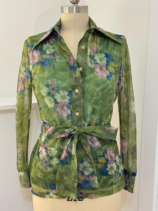 Tops - Vintage Green Floral Tie-Waist Button-Up Blouse Pointy Collar
